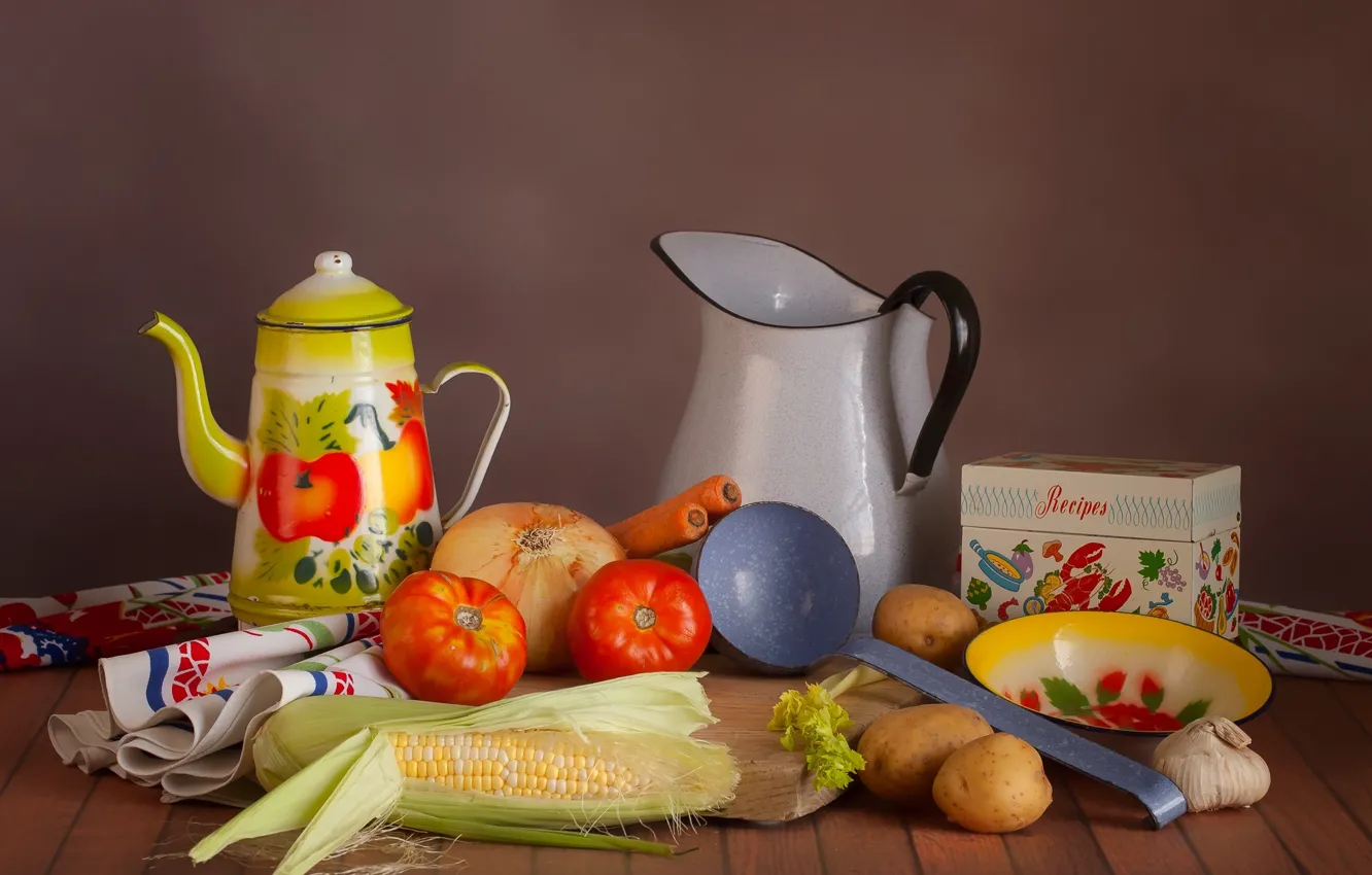 Photo wallpaper corn, bow, dishes, still life, vegetables, tomato, potatoes