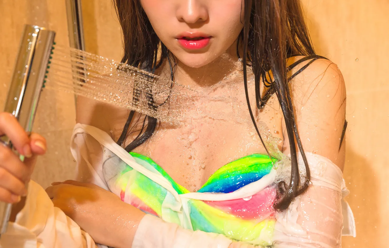 Photo wallpaper water, girl, squirt, face, lips, shower, Asian. 