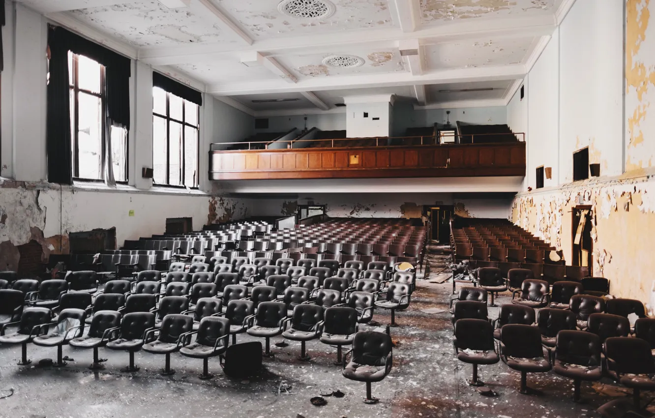 Photo wallpaper Windows, chairs, abandoned, hall, Devastation, Assembly