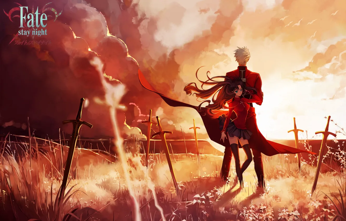 Photo wallpaper the sky, girl, clouds, sunset, weapons, anime, art, guy, swords, fate stay night, archer, toosaka …