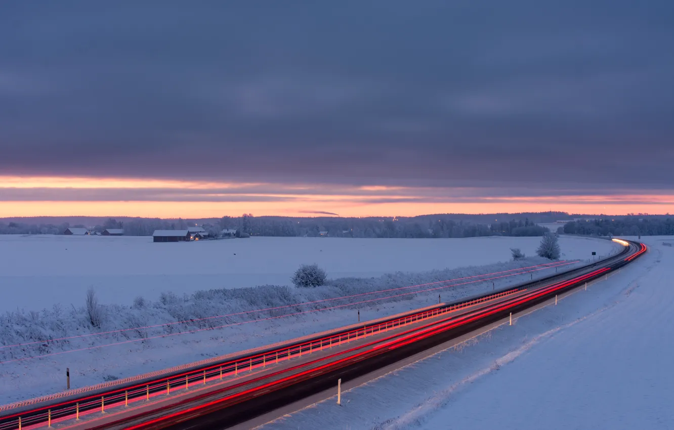 Photo wallpaper winter, road, field, the sky, snow, clouds, dawn, morning, excerpt, traffic, houses, Sweden, dawn