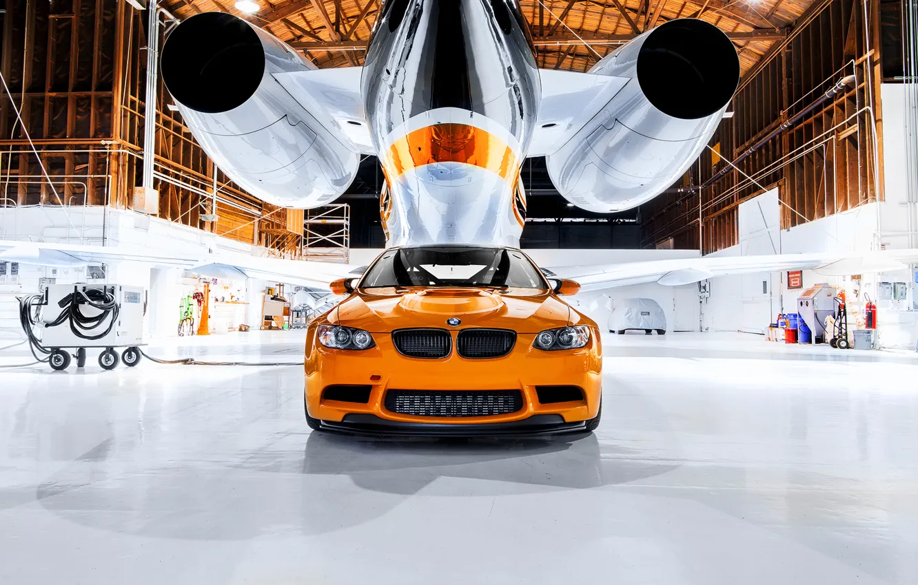 Photo wallpaper BMW, hangar, orange, M3 GTS