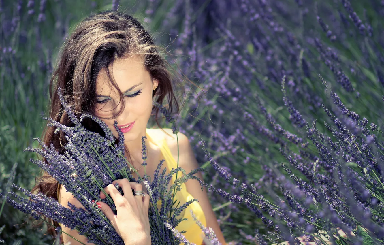 Photo wallpaper field, summer, girl, nature, brown hair, lavender