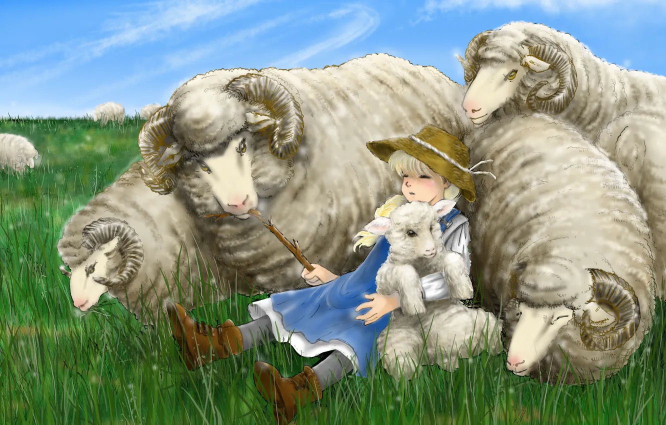 Photo wallpaper the sky, grass, sleep, hat, meadow, horns, sheep, Cowgirl