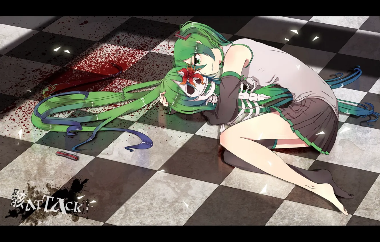 Photo wallpaper fragments, skeleton, floor, vocaloid, Hatsune Miku, Vocaloid, traces of blood, hugs, barefoot, lying on his …