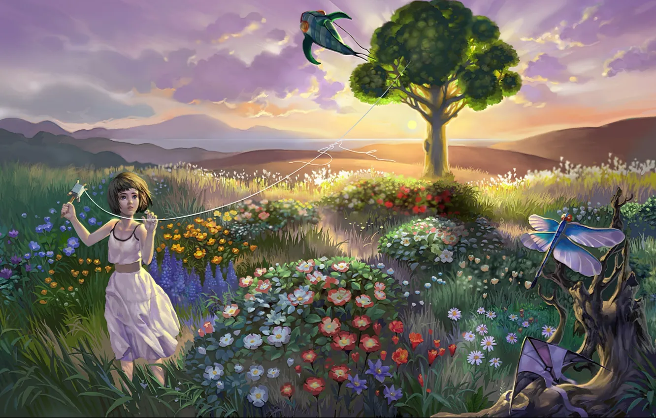 Photo wallpaper field, the sky, clouds, landscape, sunset, flowers, tree, the evening, dragonfly, kite, girl, girl, sky, …