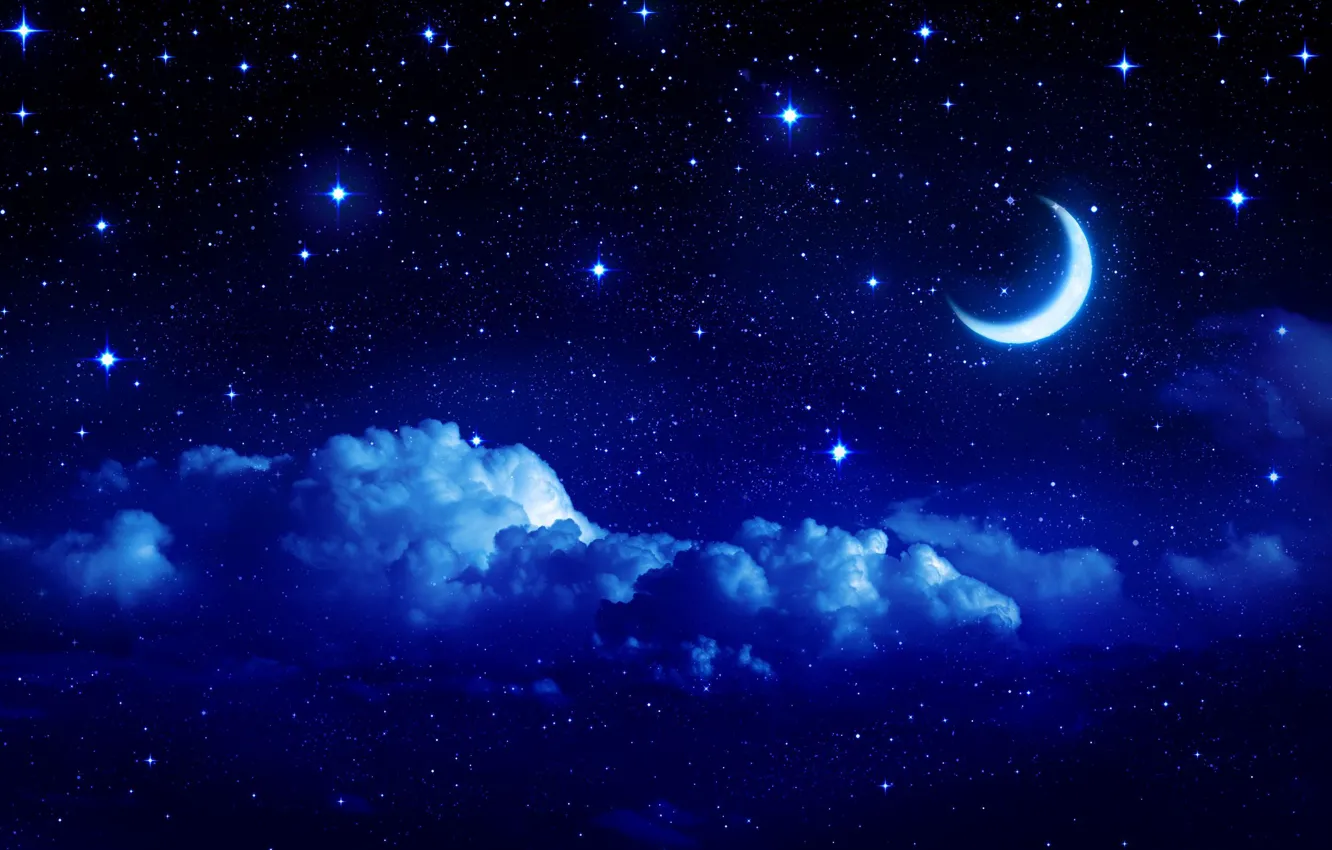 Photo wallpaper the sky, stars, clouds, landscape, night, background, widescreen, Wallpaper, the moon, tale, a month, cloud, …