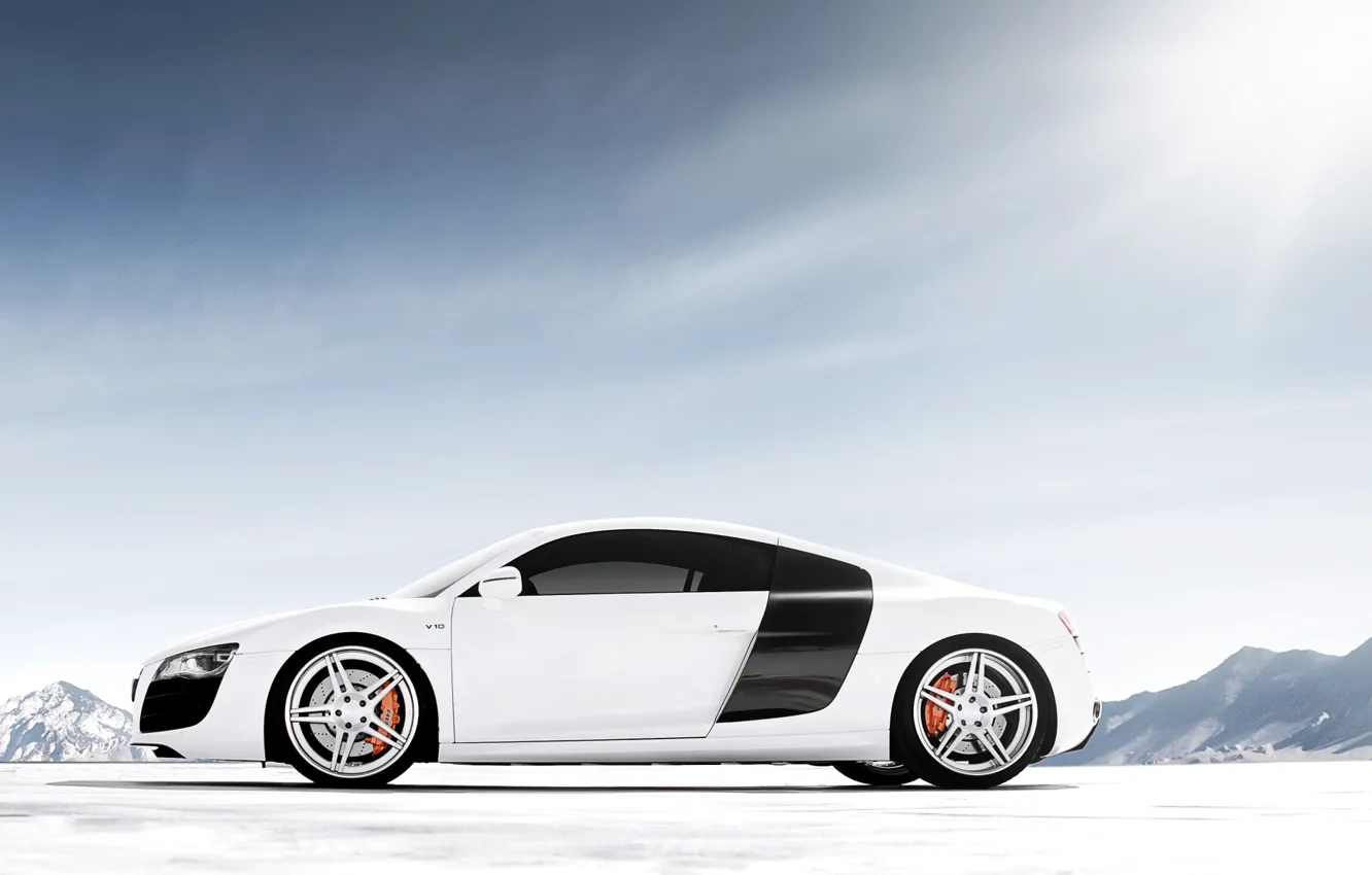 Photo wallpaper white, the sky, mountains, Audi, Audi, tuning, supercar, drives, side view, tuning, V10, B10
