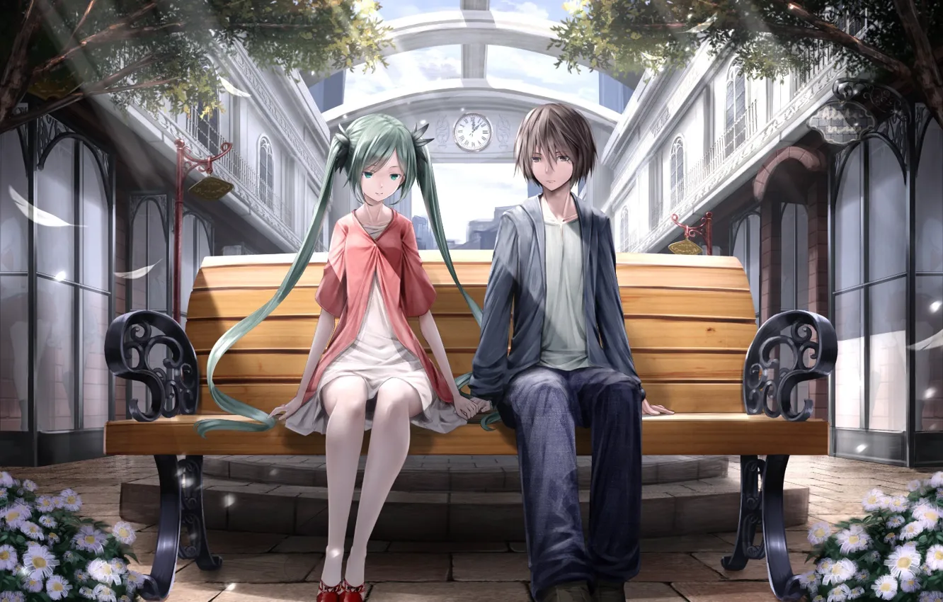 Wallpaper anime, art, pair, Vocaloid, bench images for desktop, section  прочее - download