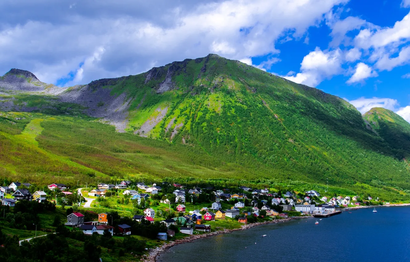 Wallpaper the sky, clouds, trees, mountains, home, Bay, Norway, the village  images for desktop, section пейзажи - download