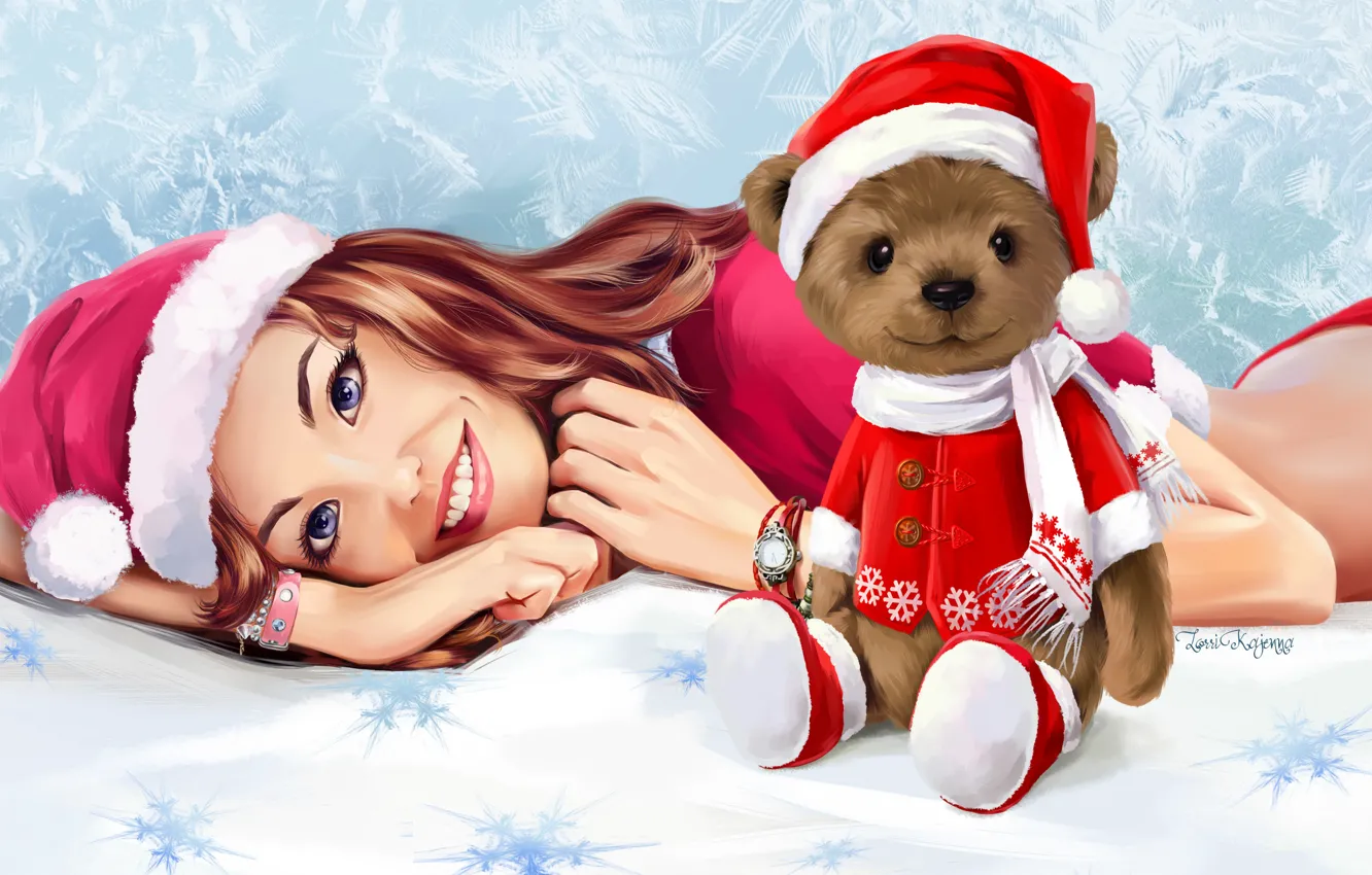 Photo wallpaper look, girl, smile, toy, new year, bear