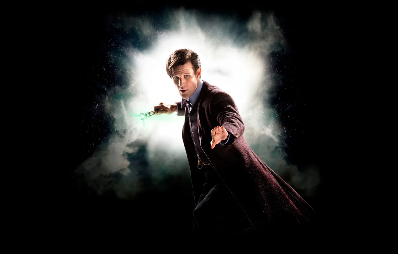 Wallpaper look, space, stars, smoke, hand, actor, male, black background,  coat, Doctor Who, Doctor Who, Matt Smith, Matt Smith, The Eleventh Doctor, Eleventh  Doctor images for desktop, section фильмы - download