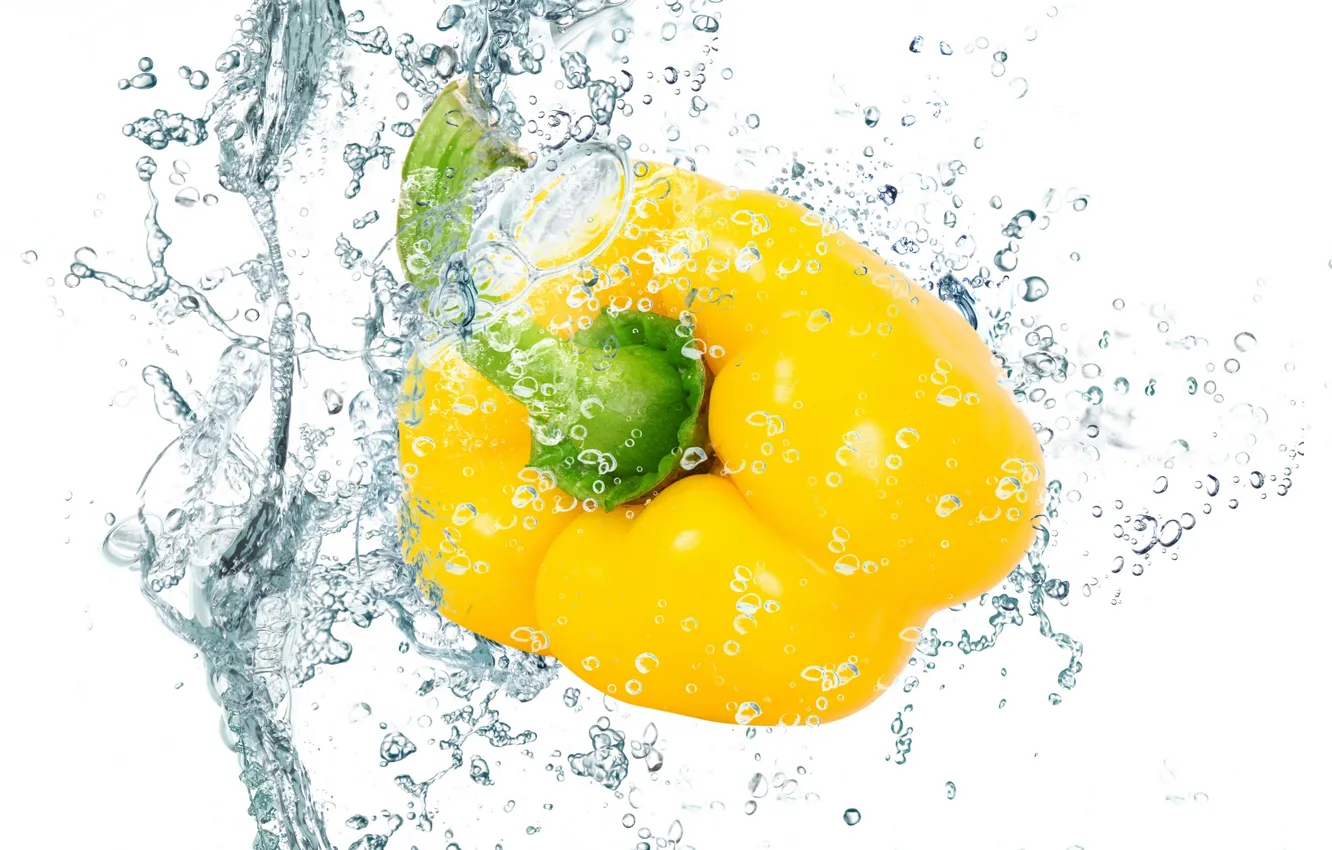 Photo wallpaper water, drops, squirt, freshness, yellow, pepper, yellow, water, drops, vegetable, Bulgarian, paprika, pepper, spray, vegetable, …