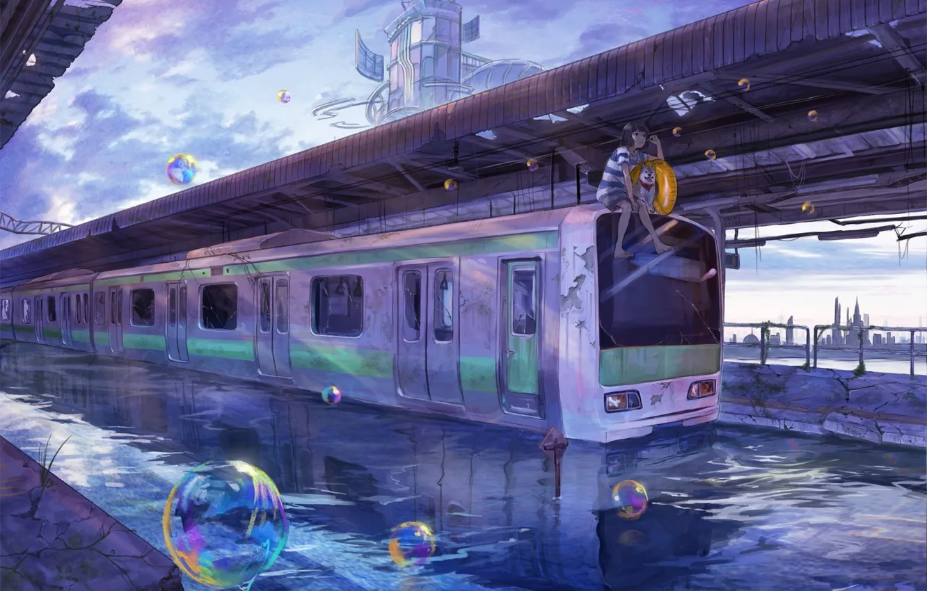Photo wallpaper the sky, water, girl, the city, bubbles, building, train, dog, anime, art, lalil-the