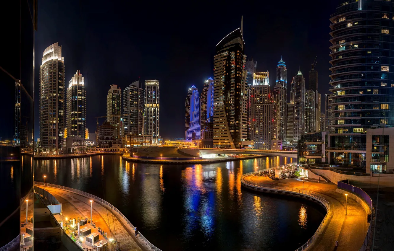 Photo wallpaper road, sea, night, bridge, the city, building, skyscrapers, Dubai, Dubai, skyscrapers, UAE