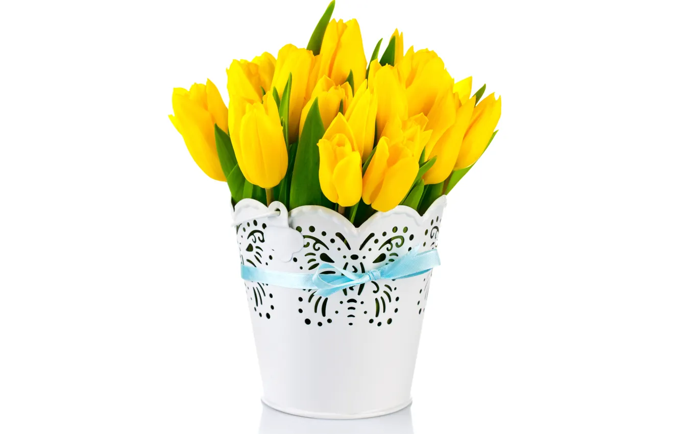 Photo wallpaper bouquet, yellow, tulips, vase, bow, flowers, tulips