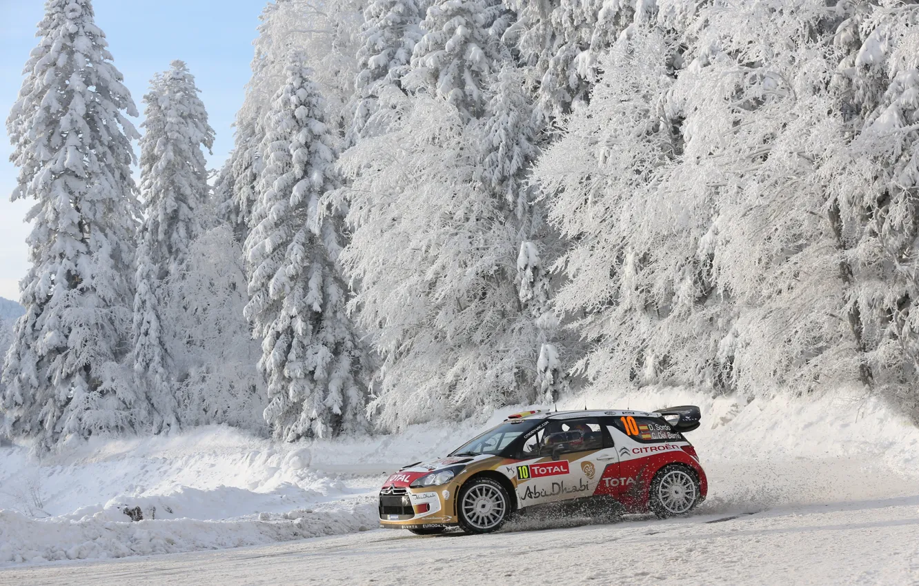 Photo wallpaper Winter, Snow, Forest, Citroen, DS3, WRC, Rally, Rally, Side view