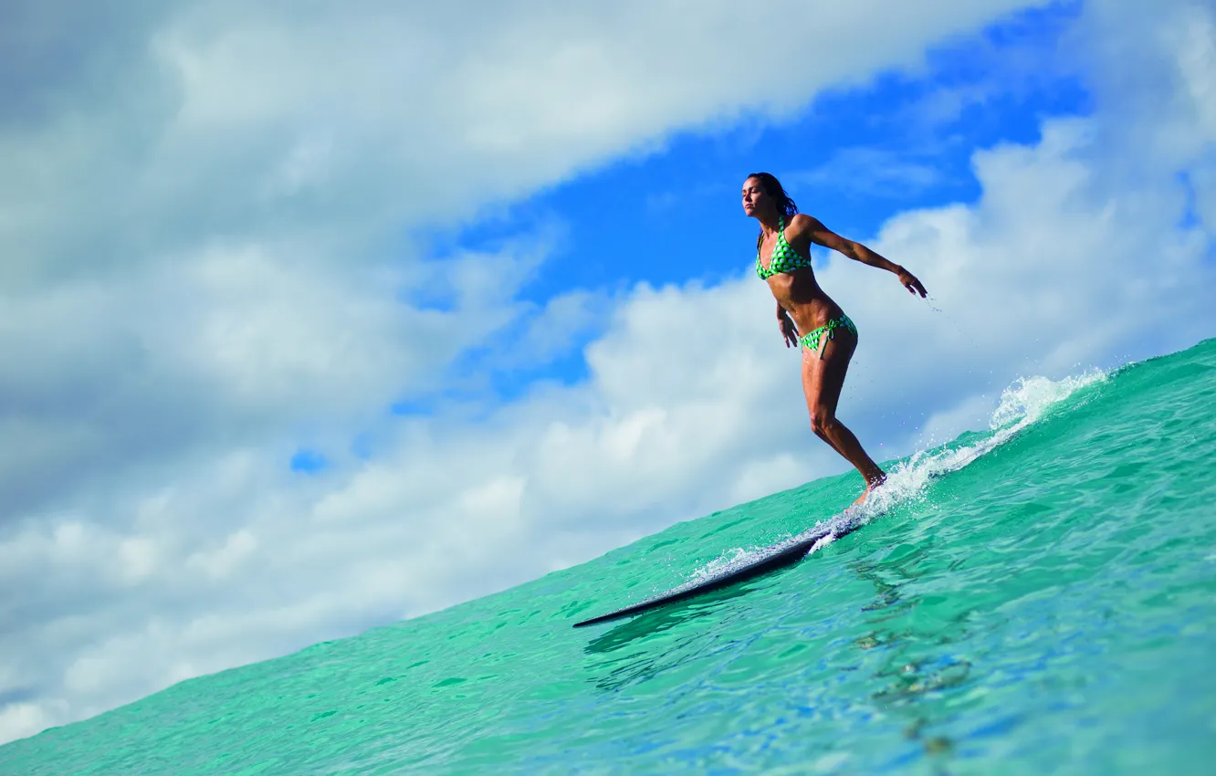 Photo wallpaper the sky, girl, clouds, the ocean, surfing, Board, surfing