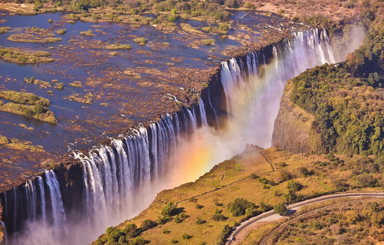 Photo wallpaper road, waterfall, rainbow, Victoria, Africa, Zambia