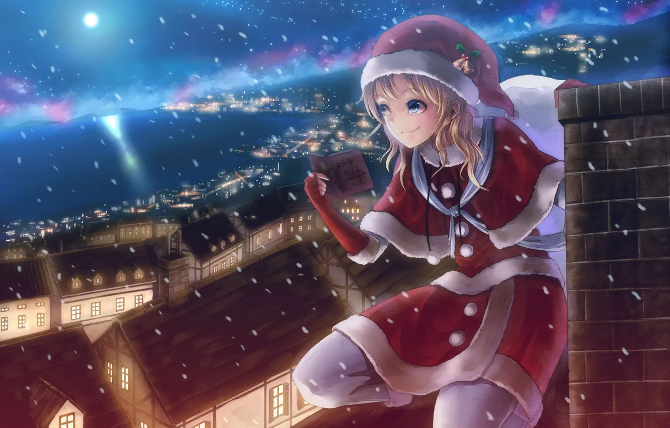 Wallpaper roof, night, the city, lights, holiday, new year, anime, pipe,  maiden images for desktop, section прочее - download