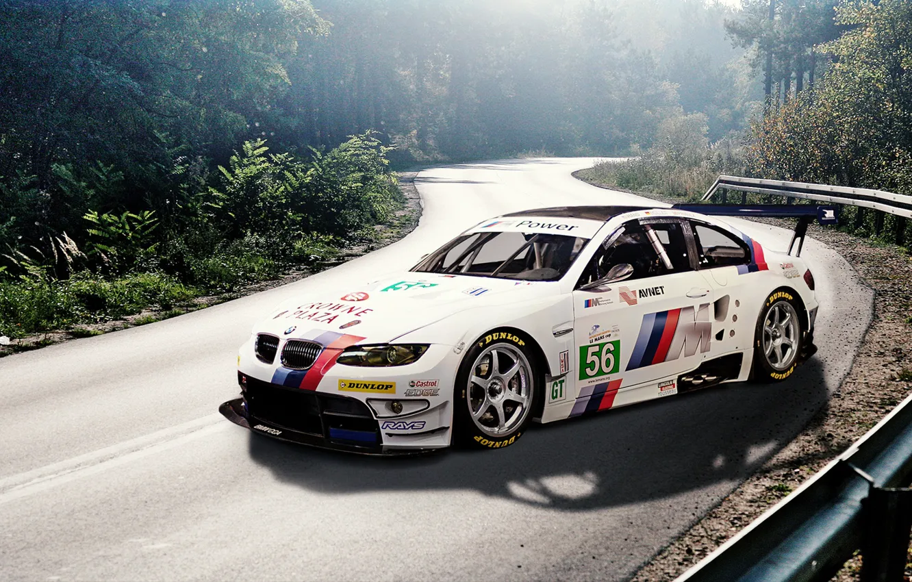 Photo wallpaper road, forest, white, BMW, BMW, white, E92, stickers, decal, labels, race car