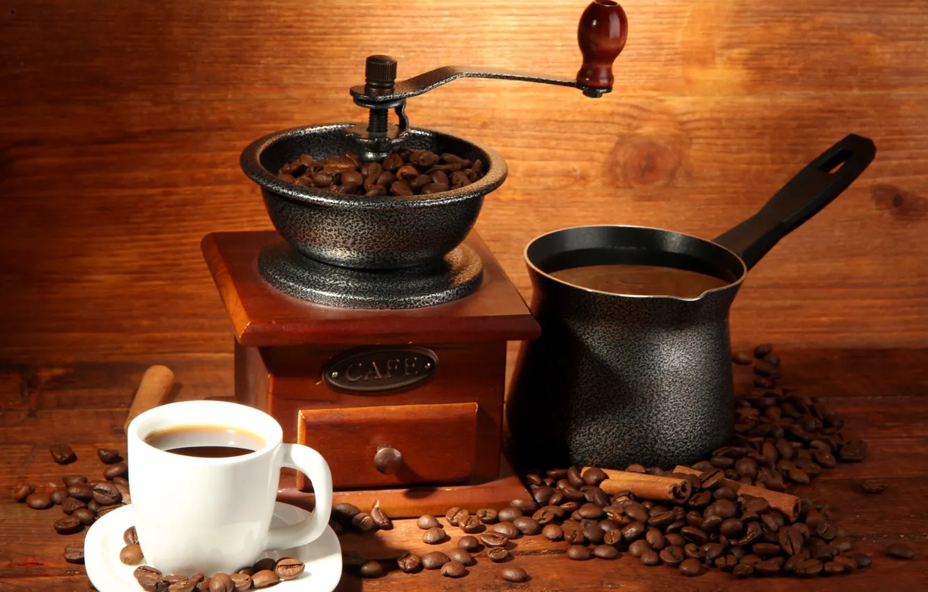 Photo wallpaper coffee, mug, drink, cinnamon, grain, Turk, coffee grinder