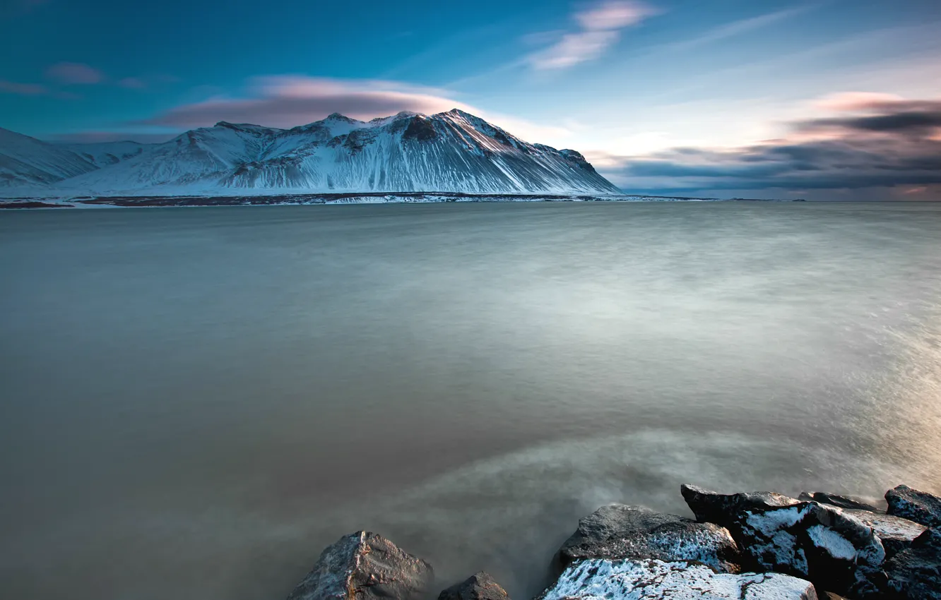 Photo wallpaper sea, the sky, clouds, snow, mountains, stones, the ocean, blue, shore, Iceland, sky, sea, ocean, …