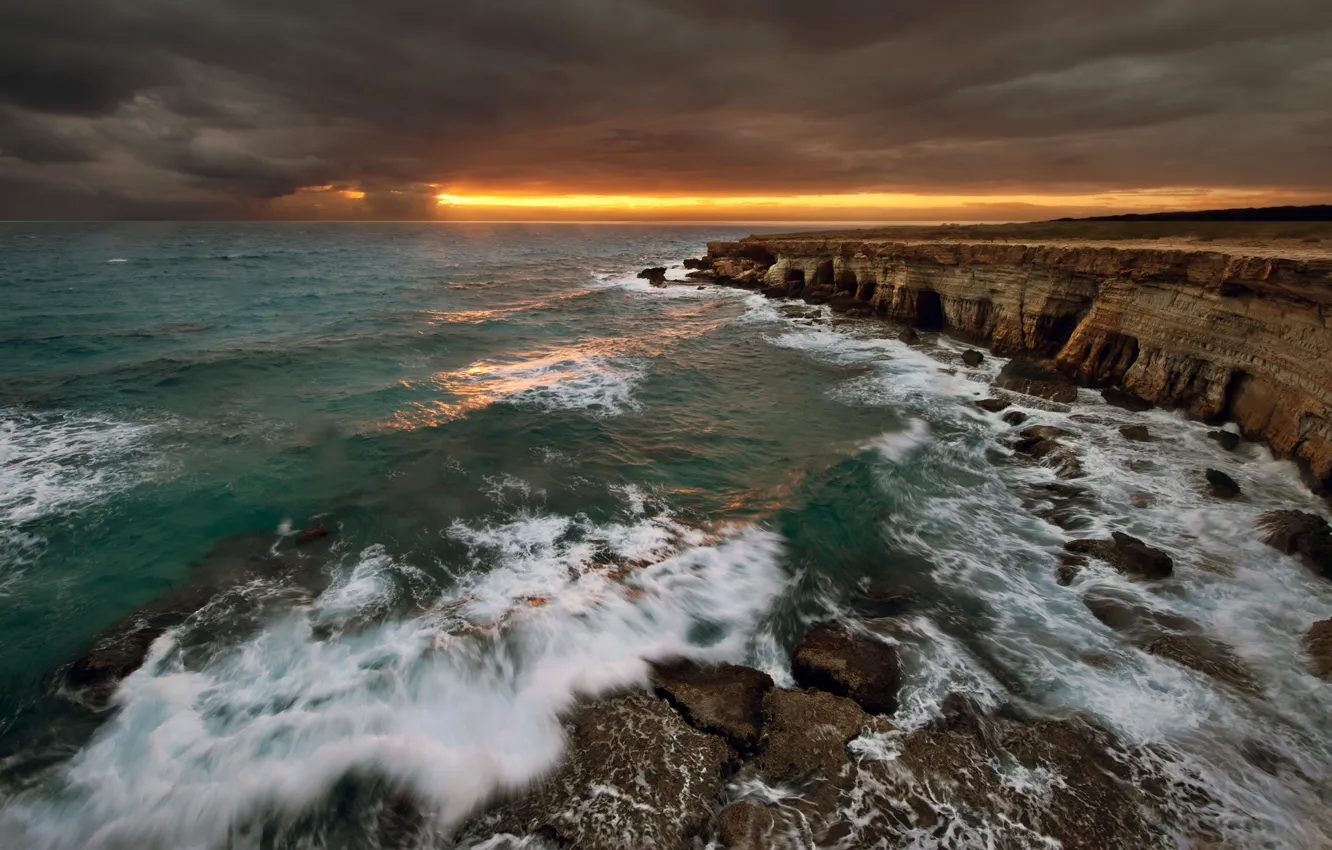 Photo wallpaper sea, wave, the sky, water, clouds, light, landscape, sunset, nature, rocks, waves, light, sky, sea, …