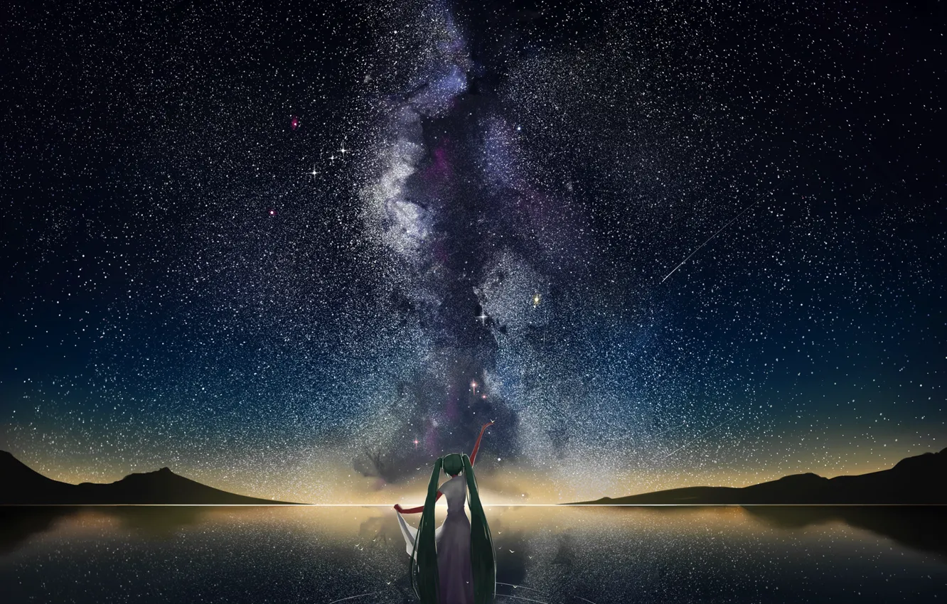 Wallpaper water, girl, stars, mountains, reflection, anime, art, vocaloid,  the milky way, hatsune miku, the sky. night, mr cloud images for desktop,  section арт - download