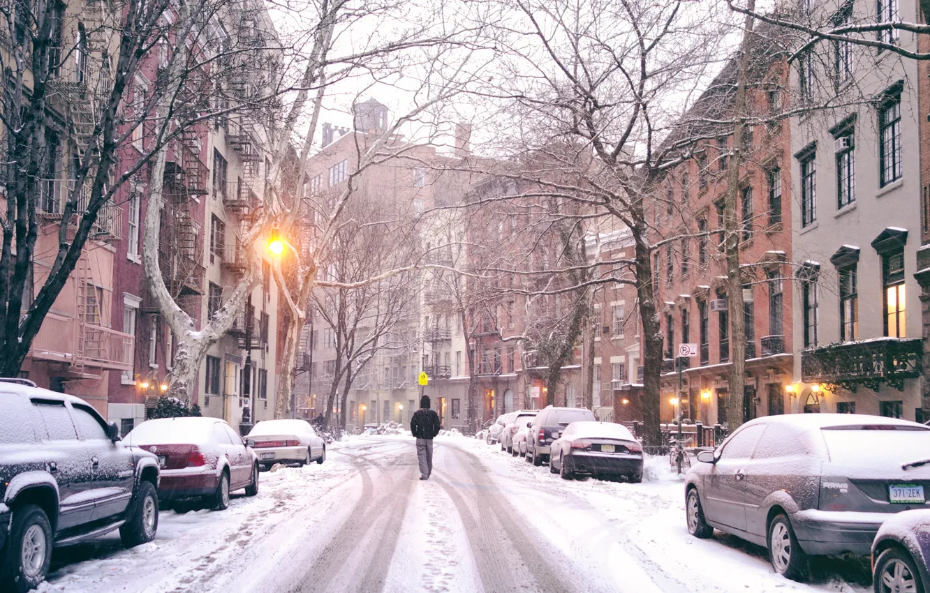 Wallpaper car, USA, United States, Winter, New York, Manhattan, NYC, Snow,  man, Road, America, vehicles, United States of America, New York City - Snow  on a Winter Evening in the West Village