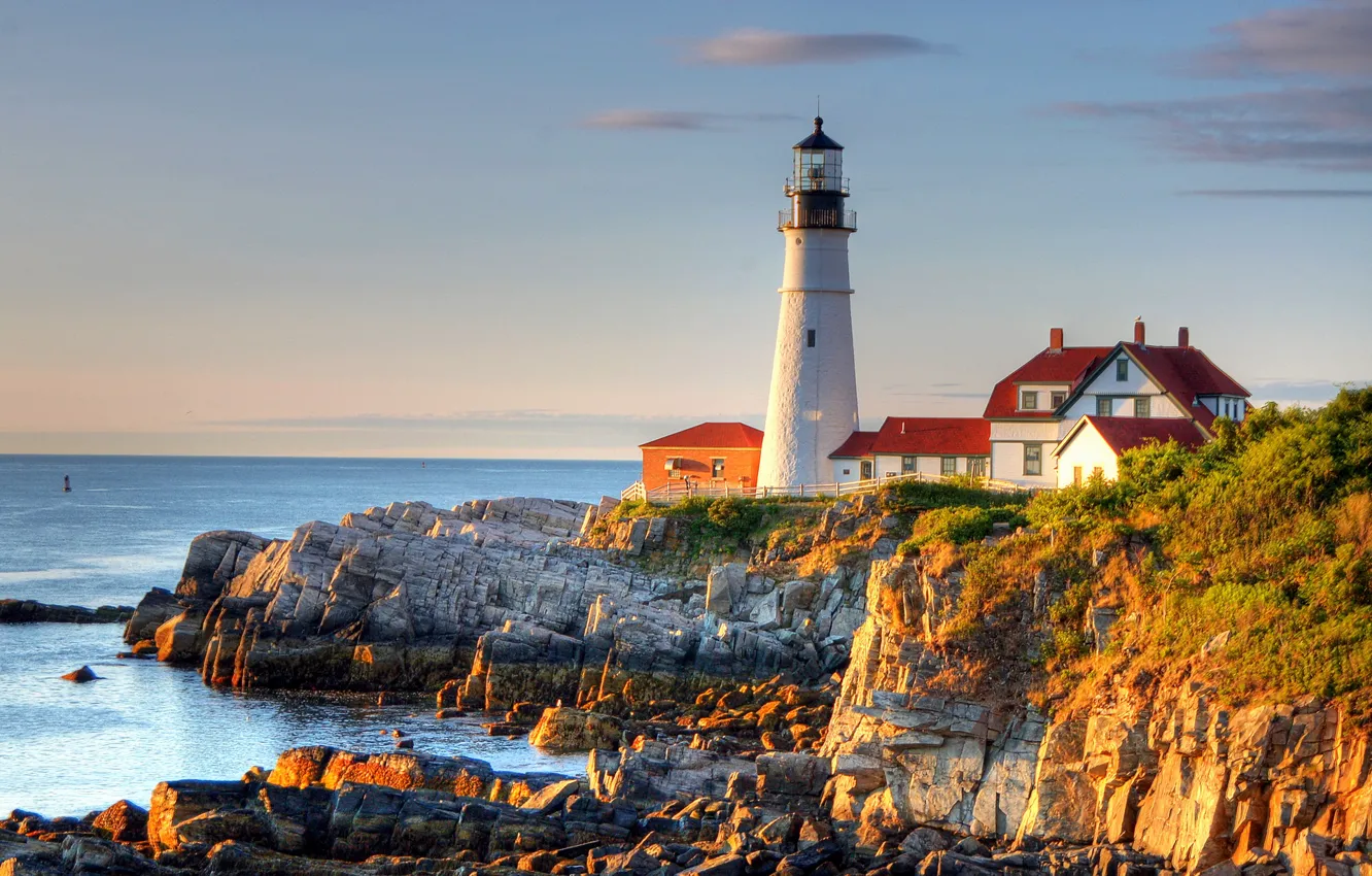 Photo wallpaper sea, the sky, sunset, rock, house, stones, lighthouse, USA, Oregon, Portland, Cape