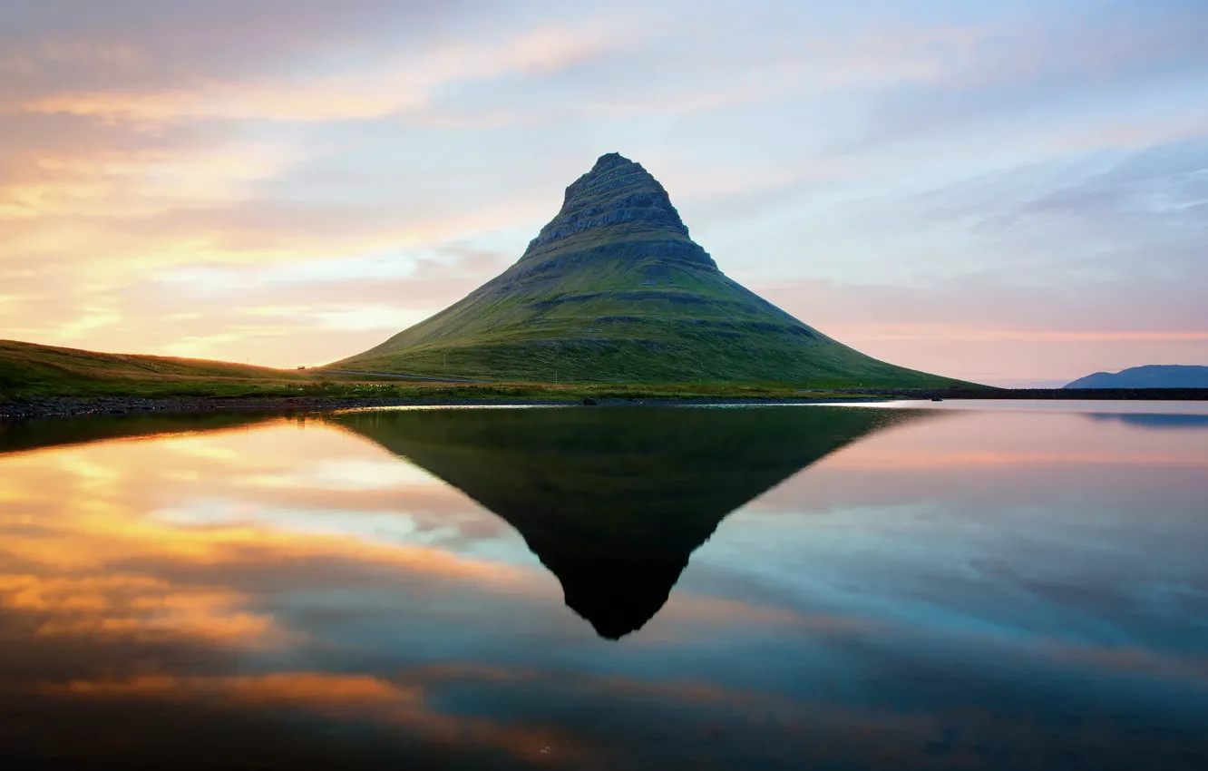 Photo wallpaper the sky, water, sunset, reflection, mountain, Iceland, Scandinavia, extinct volcano, Kirkjufell