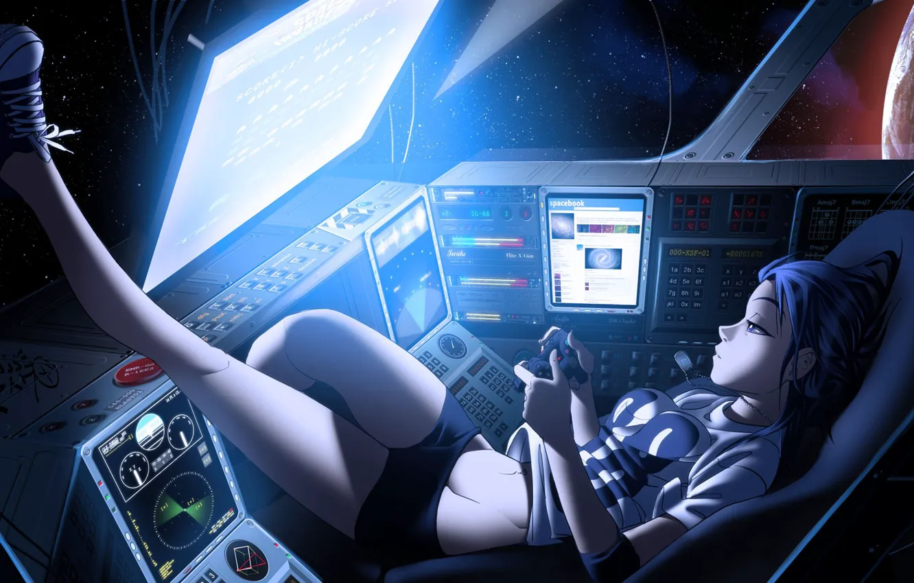 Photo wallpaper look, space, pose, mood, earth, Girl, lies, console, spaceship, equipment, sports uniforms
