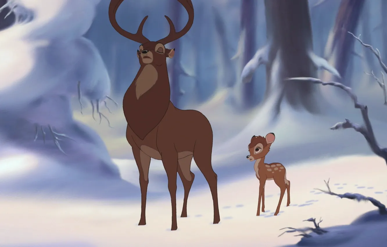 Photo wallpaper winter, forest, snow, cartoon, Bambi, deer