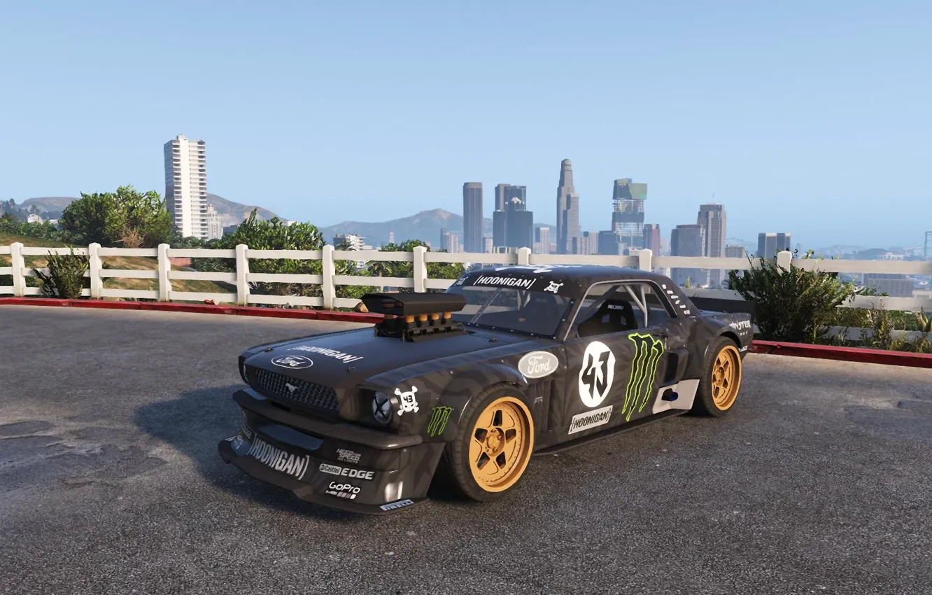 Wallpaper black, the fence, Mustang, Ford, skyscrapers, the bushes, 1965,  GTA 5, Hoonicorn images for desktop, section игры - download