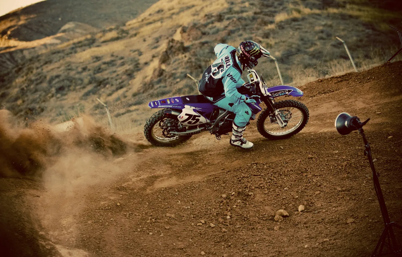Photo wallpaper race, dust, pilot, motocross, extreme sports