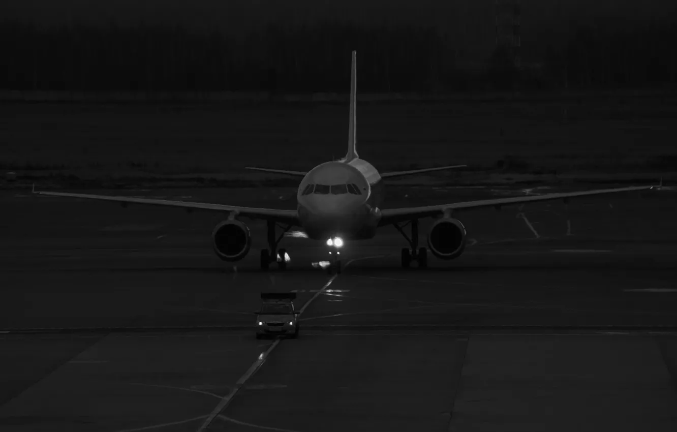 Wallpaper moscow, runway, the plane, turbines, black and white photo,  forest pine, large aircraft, the plane in full growth, The plane on the  runway images for desktop, section авиация - download