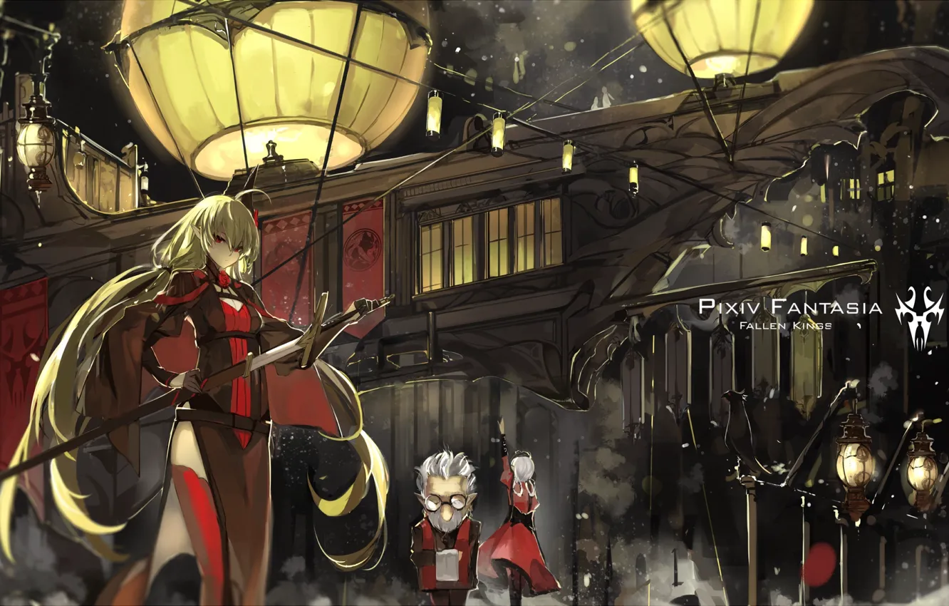 Photo wallpaper girl, the city, weapons, people, sword, anime, art, lights, pixiv fantasia, saberiii, army chief