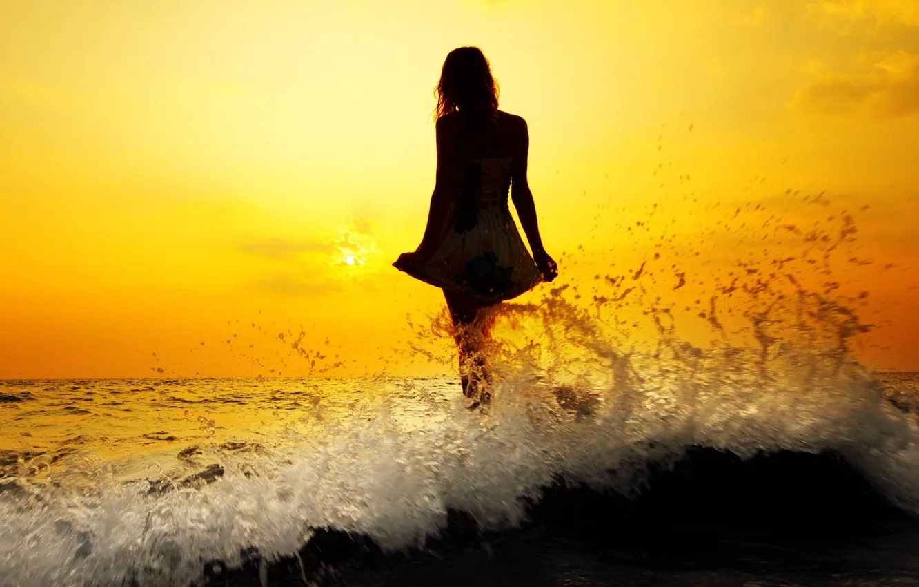 Photo wallpaper sea, wave, water, girl, the sun, sunset, squirt, river, background, Wallpaper, mood, woman, hair, wave, …