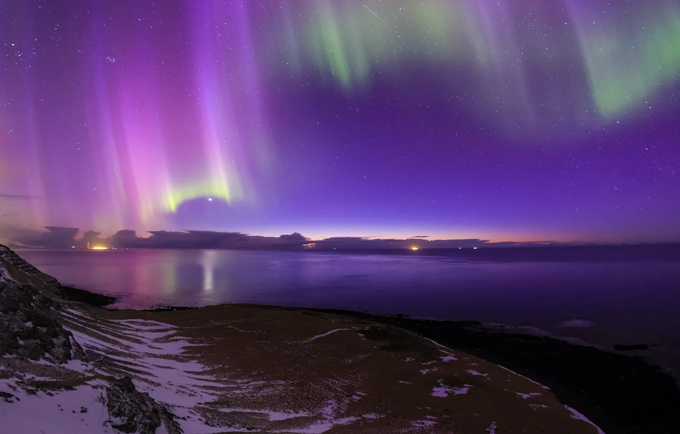 Photo wallpaper sea, stars, night, lights, shore, Northern lights, Iceland