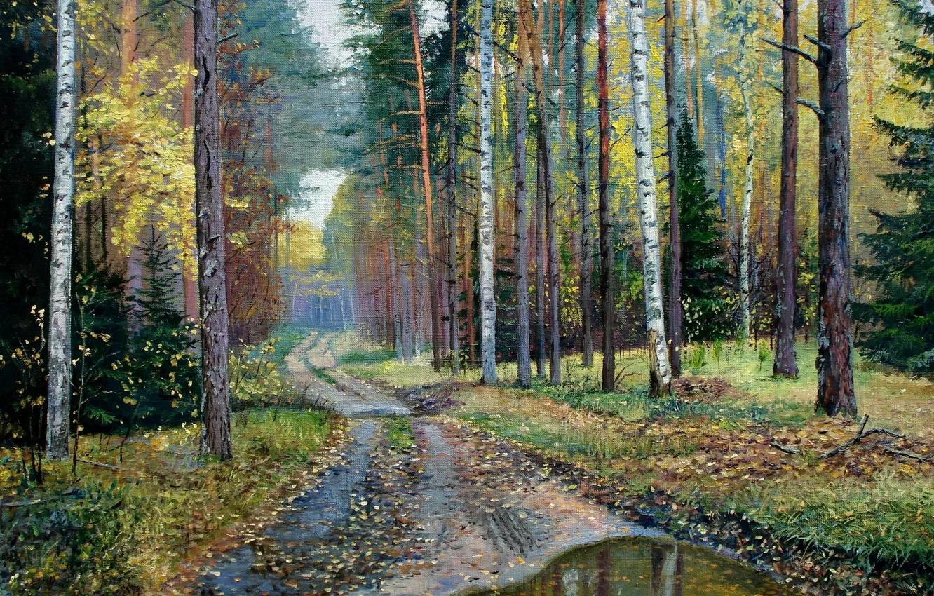 Photo wallpaper water, trees, picture, puddle, after the rain, painting, forest road, Lutsenko
