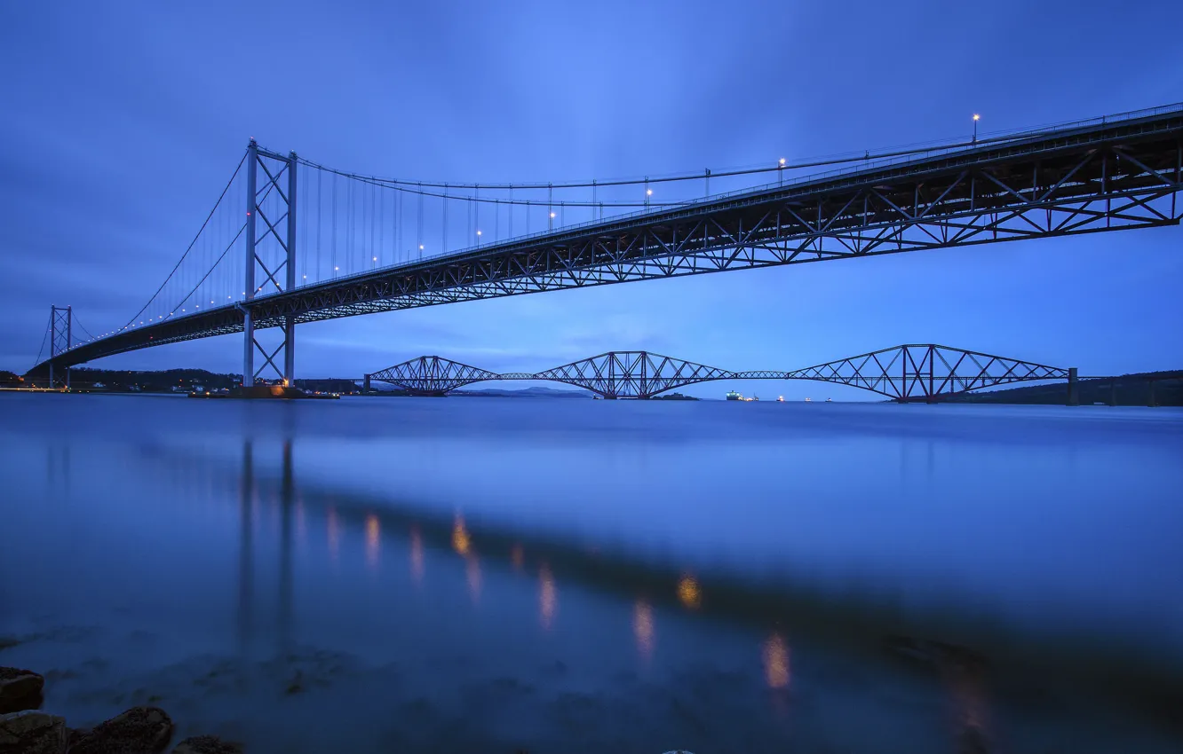 Photo wallpaper the sky, bridge, river, the evening, Scotland, UK, blue, river, Scotland, Great Britain, Forth Bridge, …