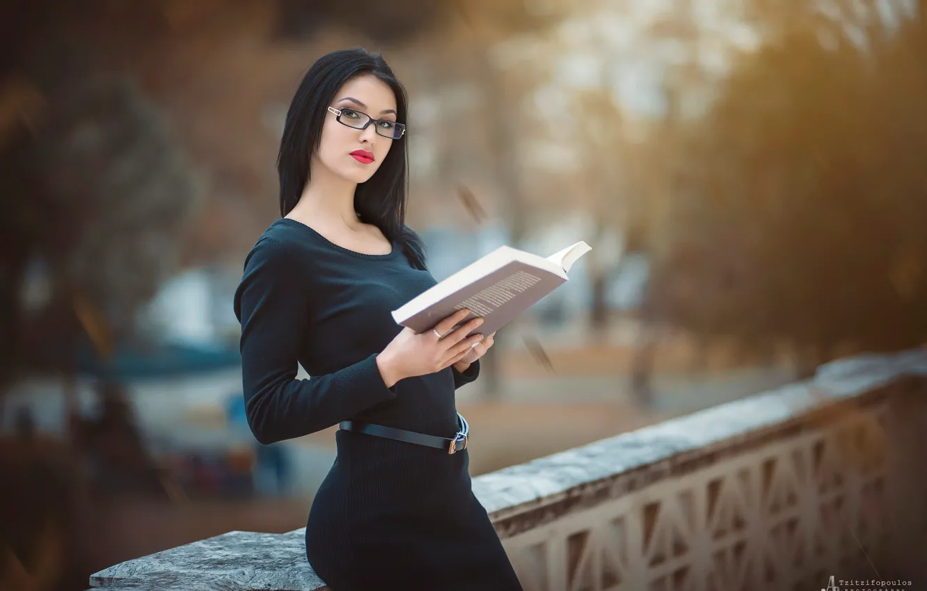 Photo wallpaper girl, dress, black, glasses, book