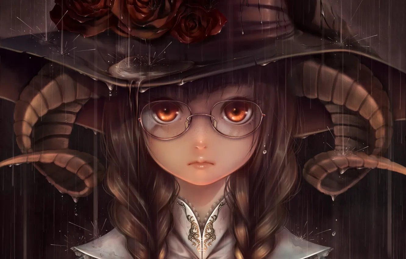 Photo wallpaper girl, rain, roses, hat, art, glasses, horns, bouno satoshi