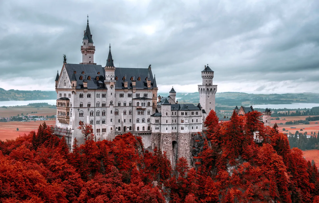Photo wallpaper castle, Germany, autumn, mountain, Neuschwanstein, Bavaria, Alps, Neuschwanstein Castle
