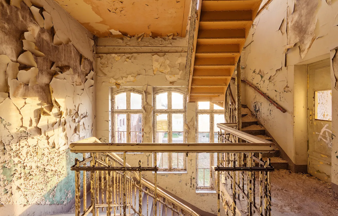 Photo wallpaper windows, sunlight, abandoned, door, stairs, decay