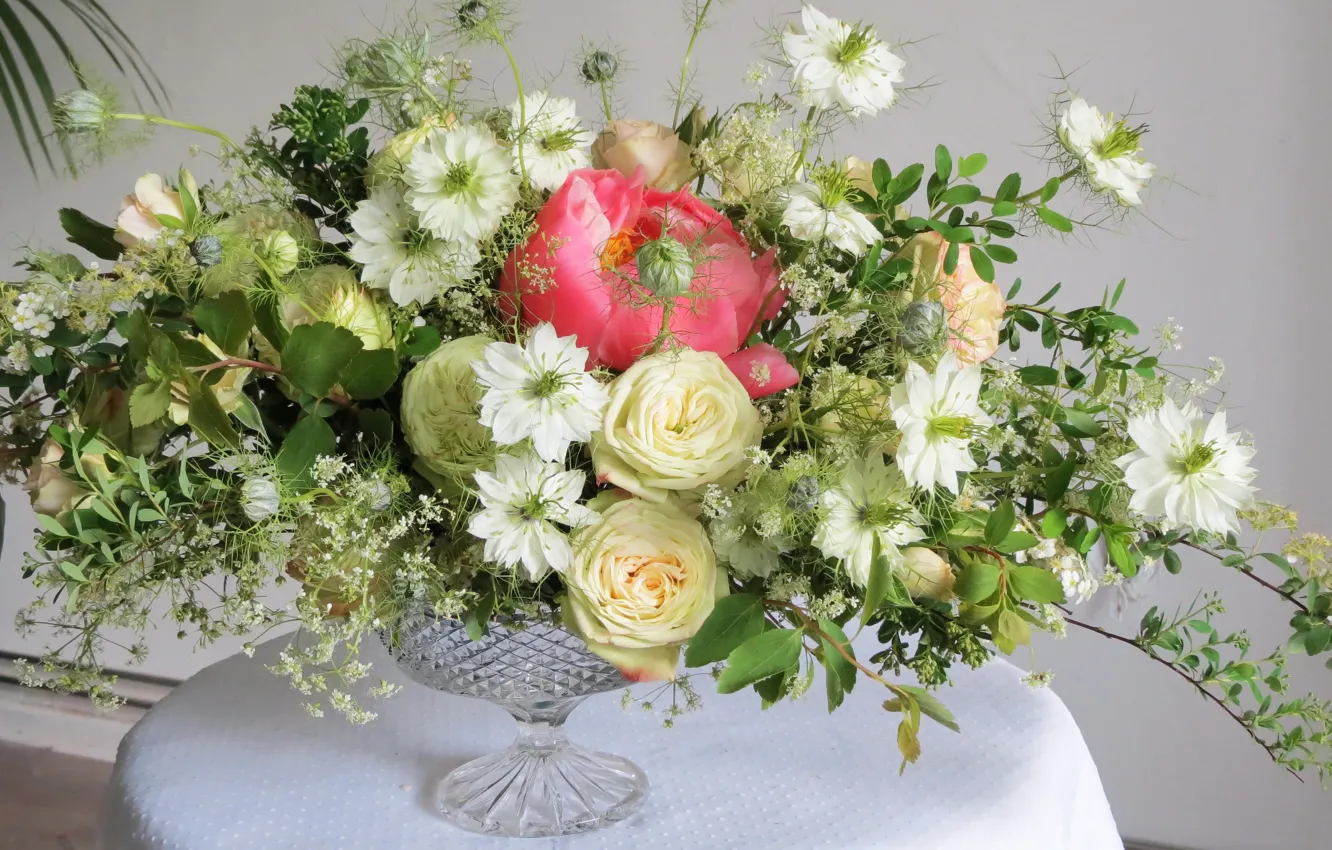 Photo wallpaper photo, Flowers, Vase, Roses, Nigella, Bouquets, Peonies Spiraea
