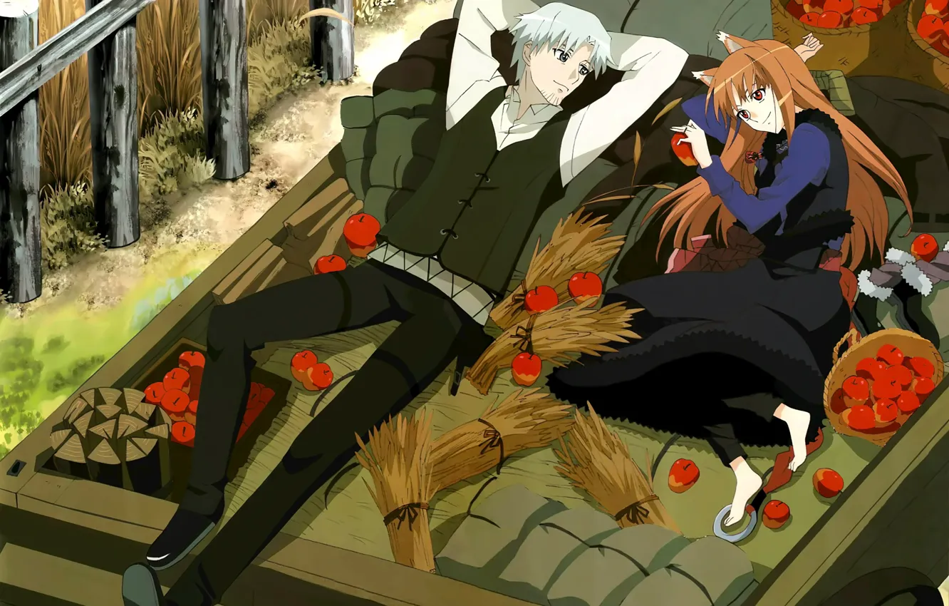 Photo wallpaper basket, apples, wagon, two, journey, bags, spice and wolf, horo, spice and wolf, offering bring …