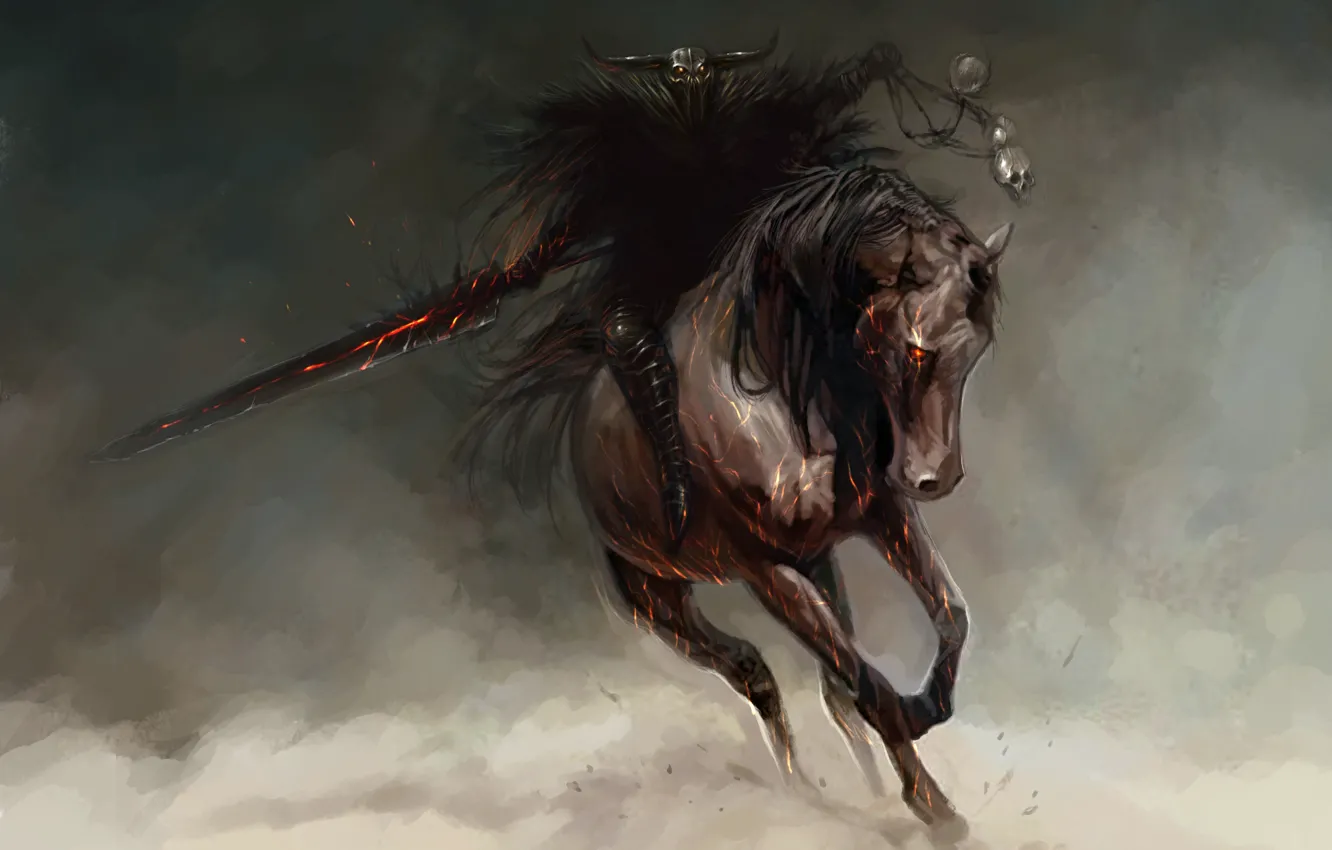 Photo wallpaper darkness, background, fire, horse, sword, skull, helmet, Horseman of the Apocalypse