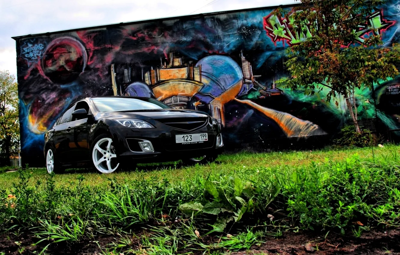 Photo wallpaper Tree, Grass, Graffiti, Mazda 6
